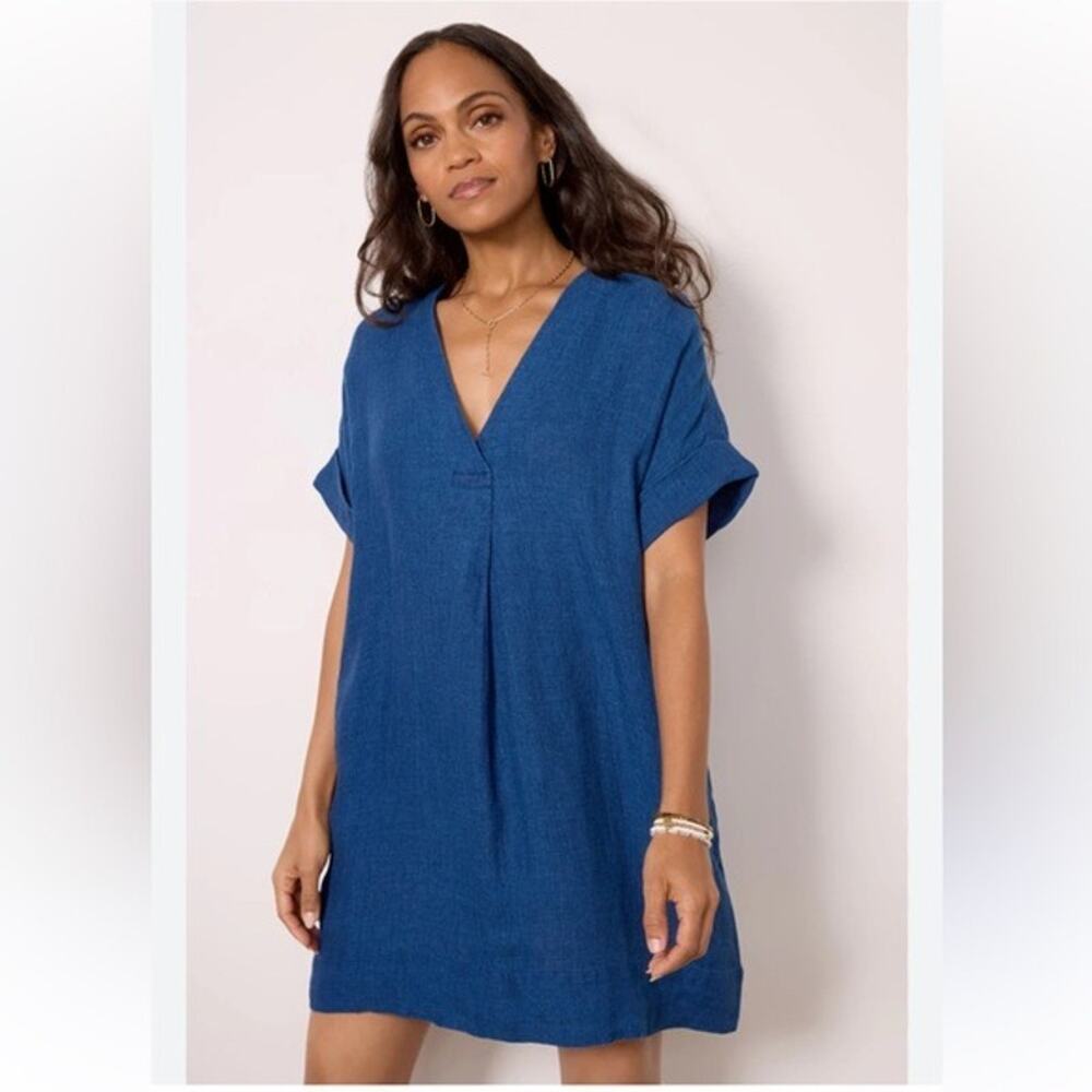 FAHERTY 100% Linen Sanibel Basketweave Dress Blue Dolman Sleeve Womens Small